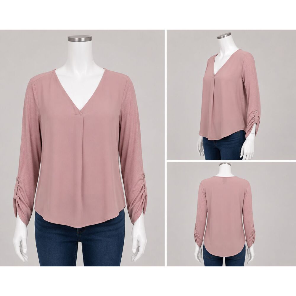 Bobobau Dusty Pink V Neck Blouse Womens Medium Ruched Sleeve Top Boho